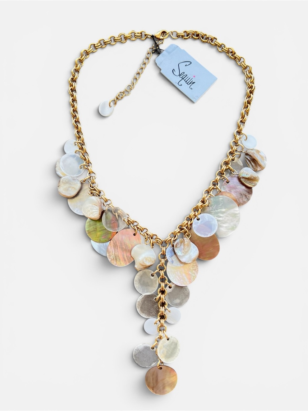Sequin Multicolor Irideacent Shell Disc Gold Chain Necklace